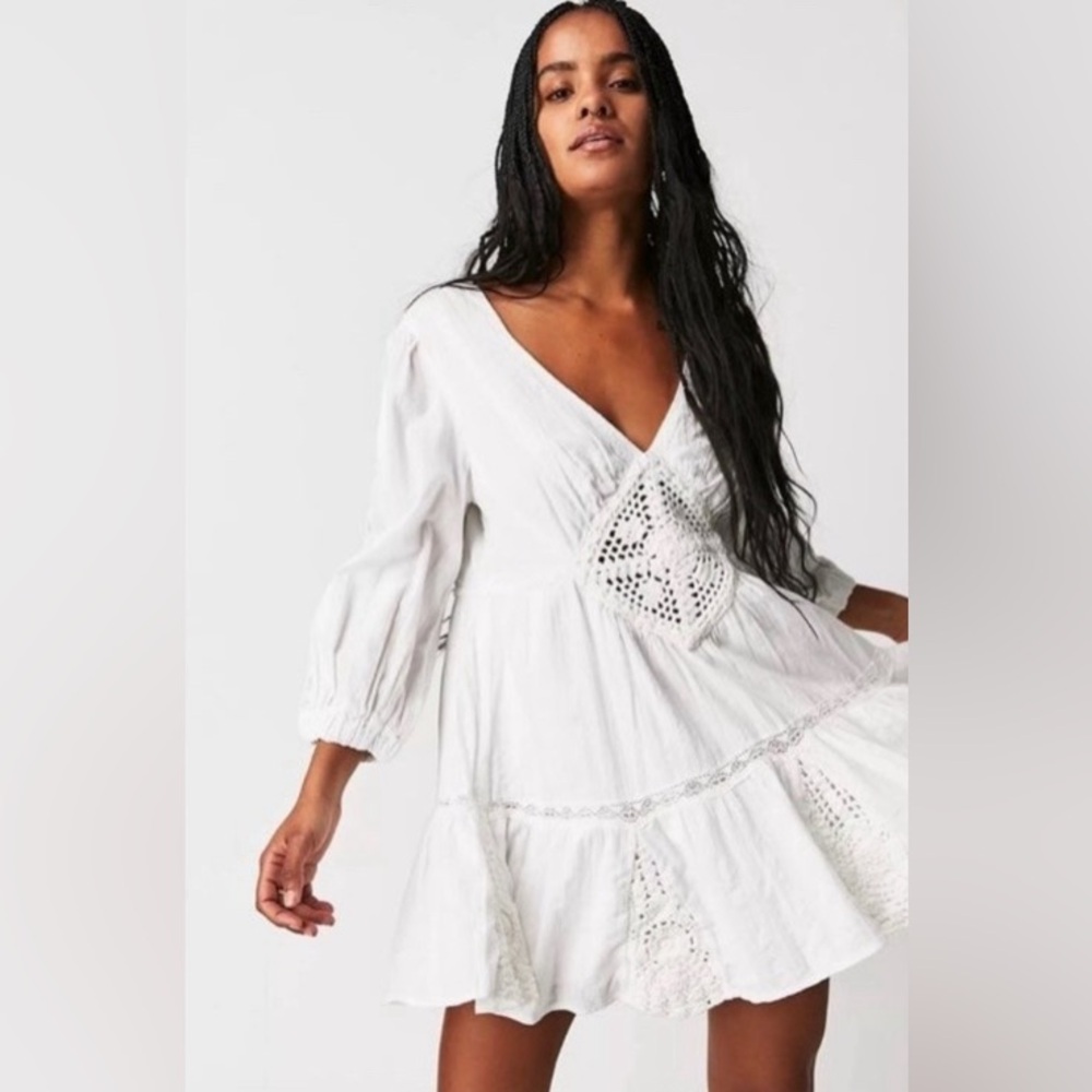 FREE PEOPLE hudson mini dress White crochet M tie back concert party - Picture 2 of 3